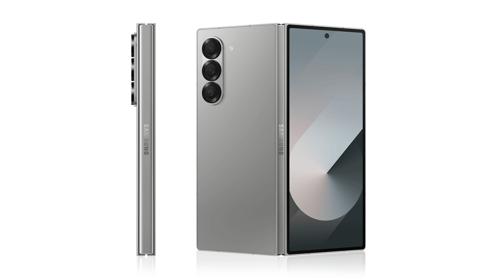 Samsung Galaxy Z Fold 6 12GB/256GB - Silver Shadow Smartphone prateado visto frontal, traseira e lateral com três câmaras e marca Samsung