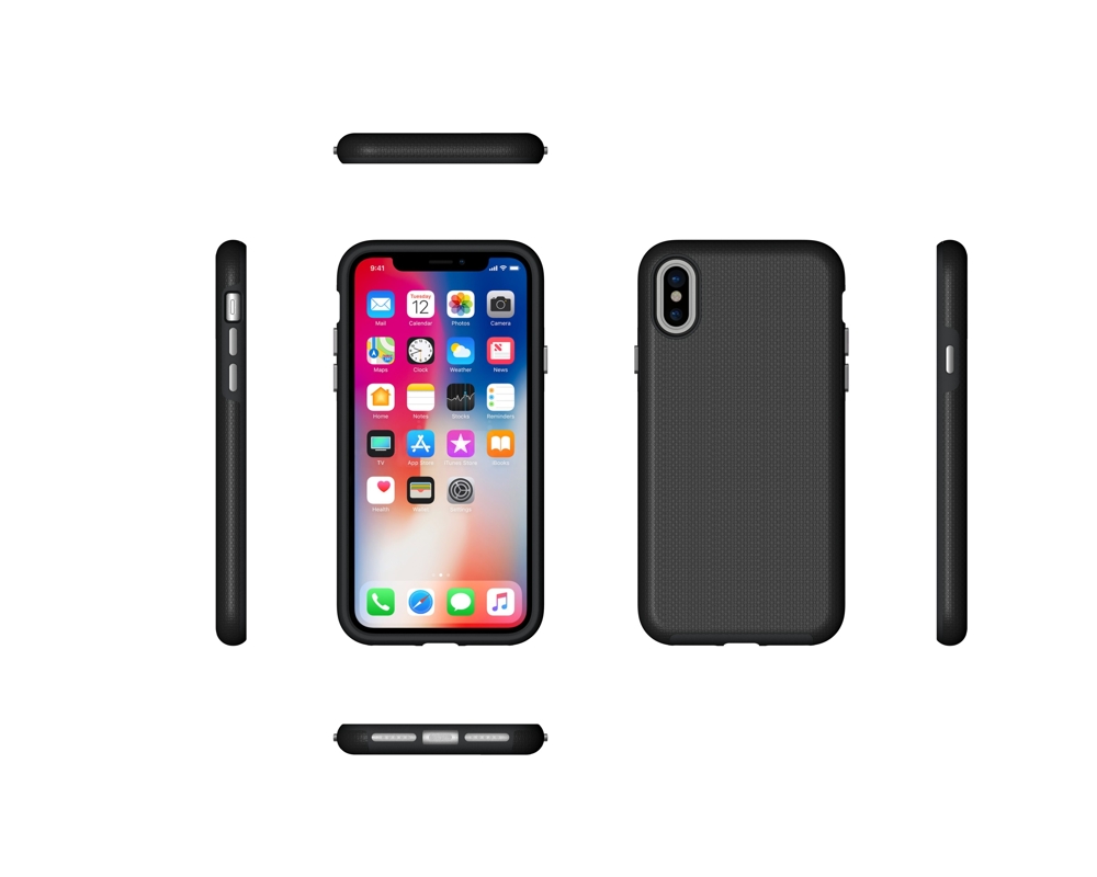 iPhone X/XS Capa Anti-Shock Armor Rugged Smartphone com capa preta texturizada mostrando ecrã frontal com apps e vista traseira