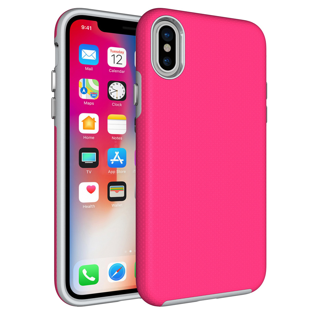 iPhone X/XS Capa Anti-Shock Armor Rugged Telemóvel com capa rosa texturizada e ecrã ligado