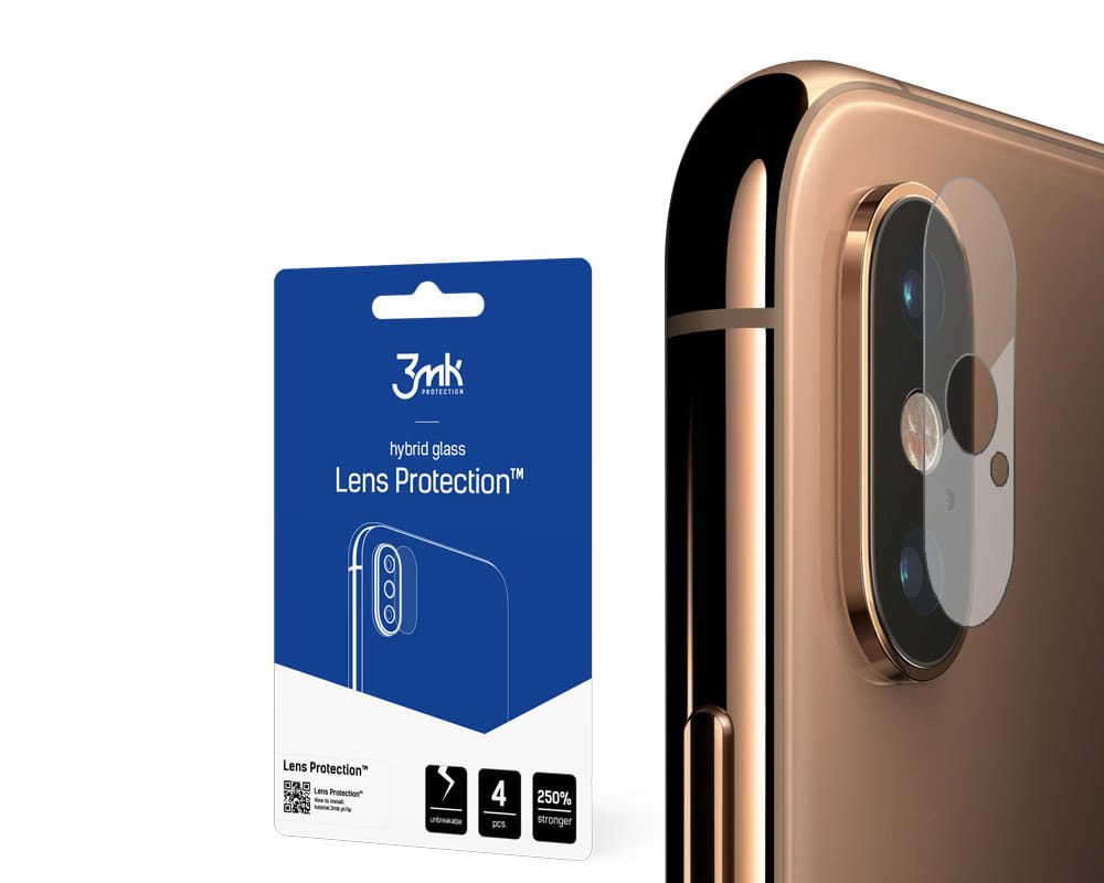 (Pack 4) Películas de Protecção de Câmara Traseira 3mk FlexibleGlass para iPhone X/XS/XS Max Proteção para lentes de smartphone 3mk Lens Protection em vidro híbrido na embalagem azul e branca e aplicada em telemóvel dourado.