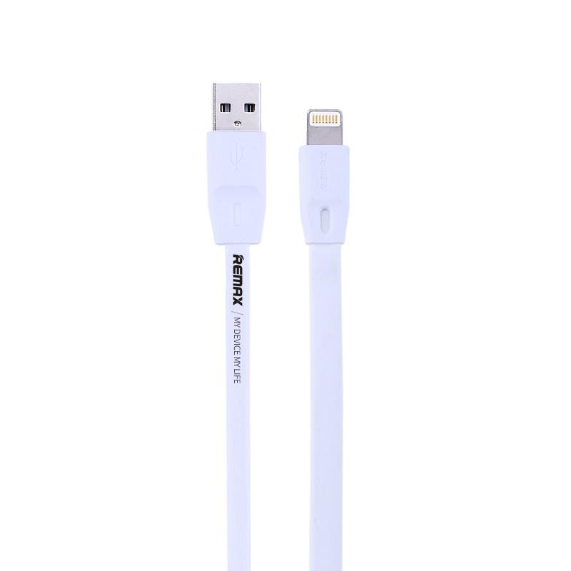 Cabo Flat Lightning Anti - Tangle (2 metros) Cabo USB branco Remax com conectores USB e Lightning.