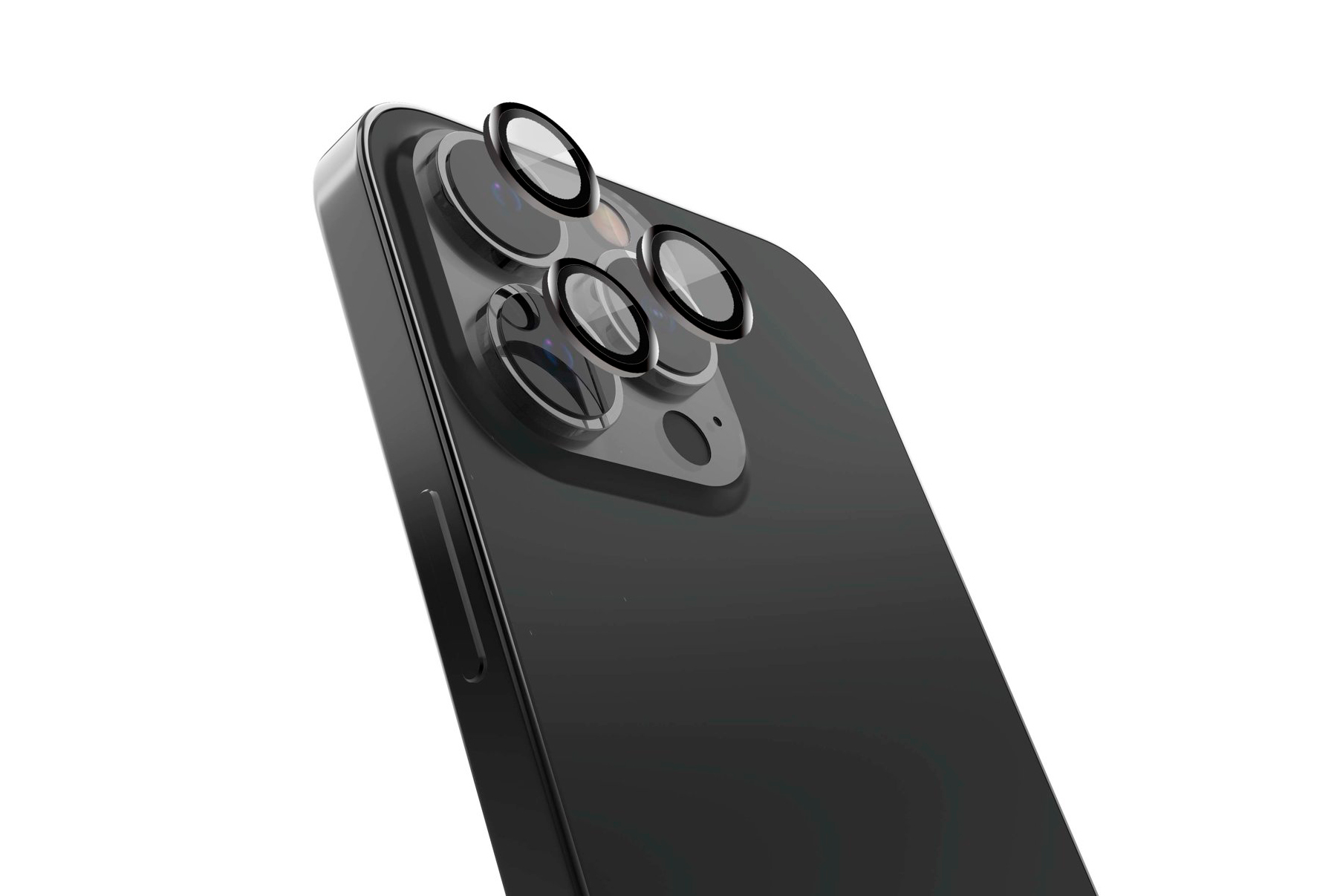 (Pack 2) Películas de Protecção de Câmara Traseira Raptic X-Doria Armor para iPhone 14 Pro/14 Pro Max Smartphone preto com quatro câmaras traseiras em fundo branco