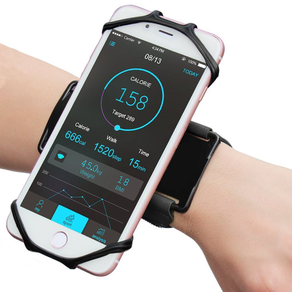 Sports Armband Universal / Bolsa Desportiva Forearm Smartphone num suporte elástico preto no braço com aplicação de monitorização de calorias e passos