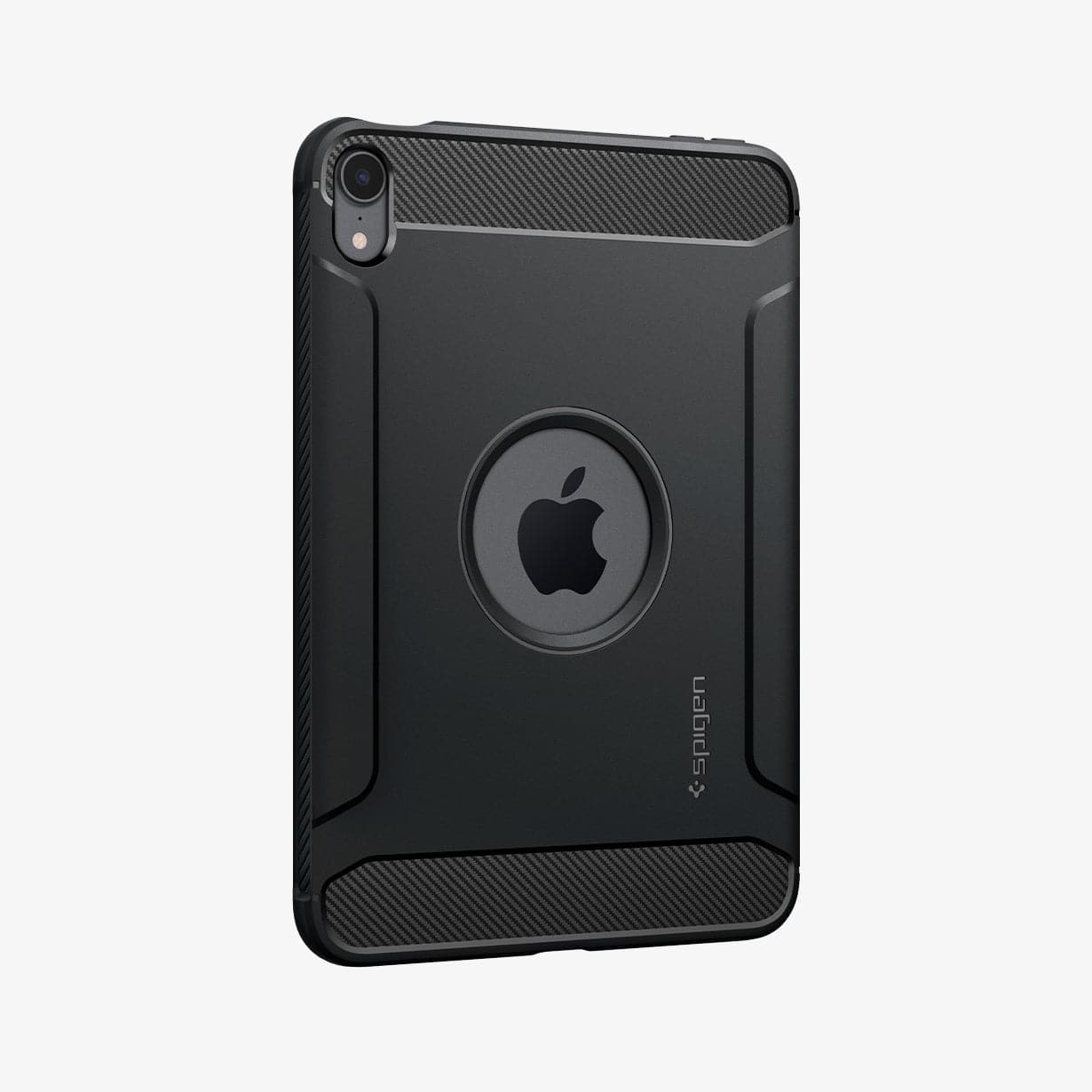 Capa Spigen Rugged Armor para iPad mini 6 (2021) Capa preta para tablet com recorte circular mostrando logotipo Apple e nome Spigen