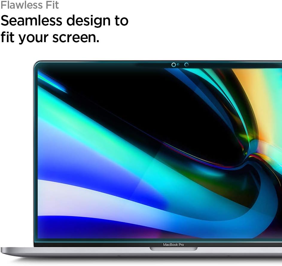 Película de Vidro Temperado Spigen Glass Full Coverage para MacBook Air / Pro MacBook Pro cinzento com ecrã colorido e texto promocional