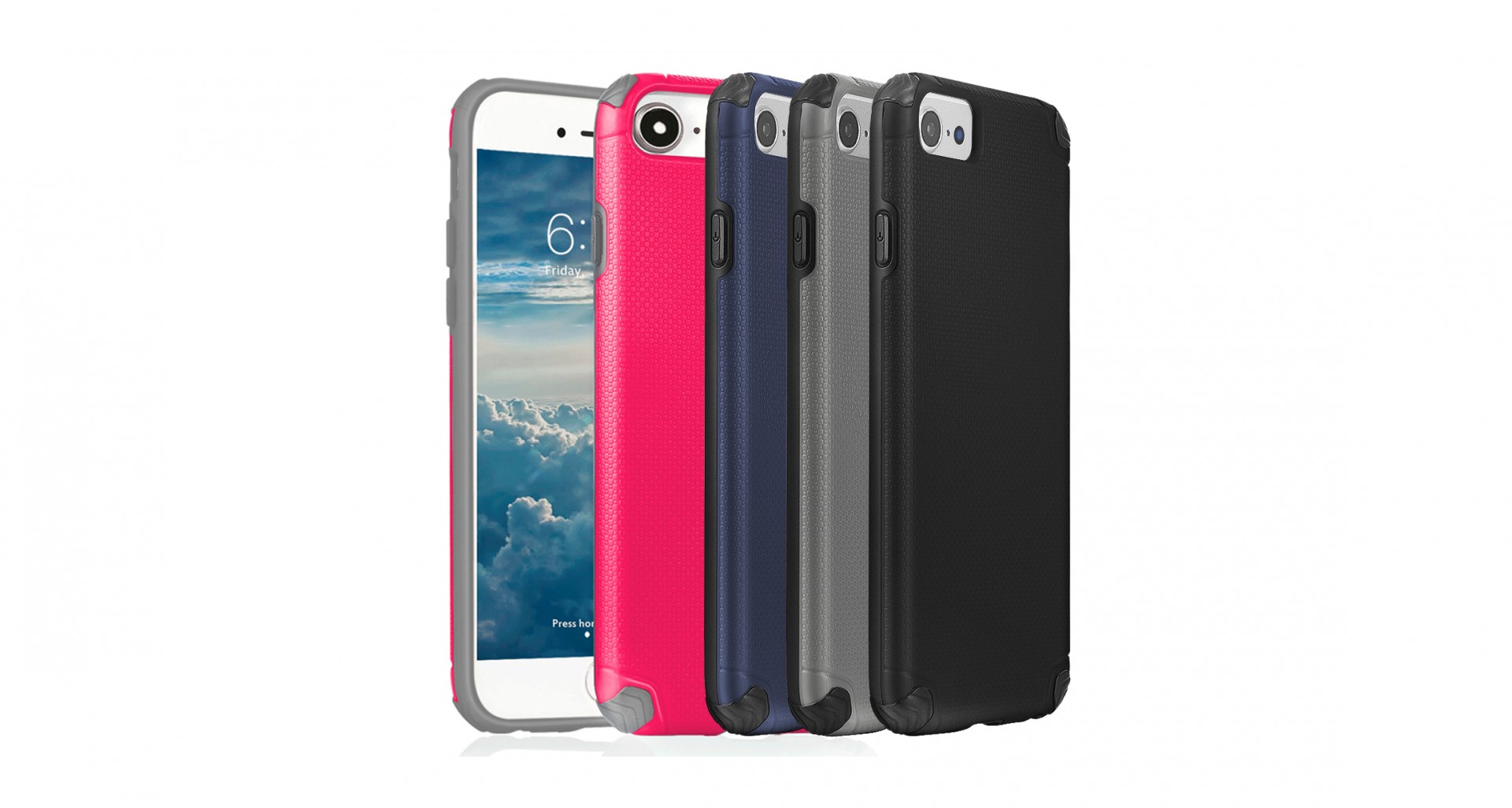 Capa Magnética Anti-Shock Light Armor para iPhone Cinco capas de smartphone em diferentes cores com telemóvel branco