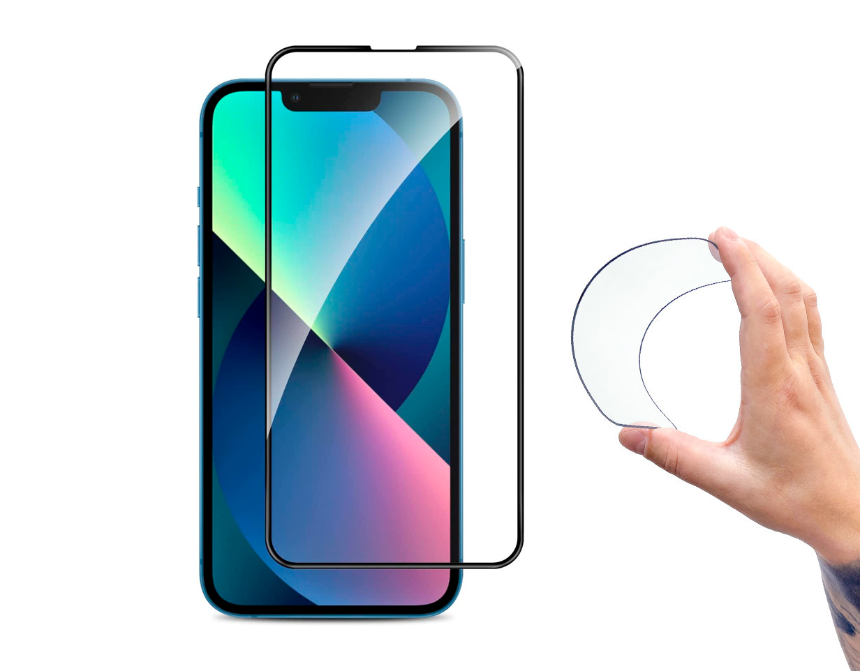 Película de Protecção Nano-Flexi Ultra-Fina em Vidro Temperado Híbrido 5D para iPhone 13 mini Telemóvel com protetor de ecrã e suporte transparente numa mão