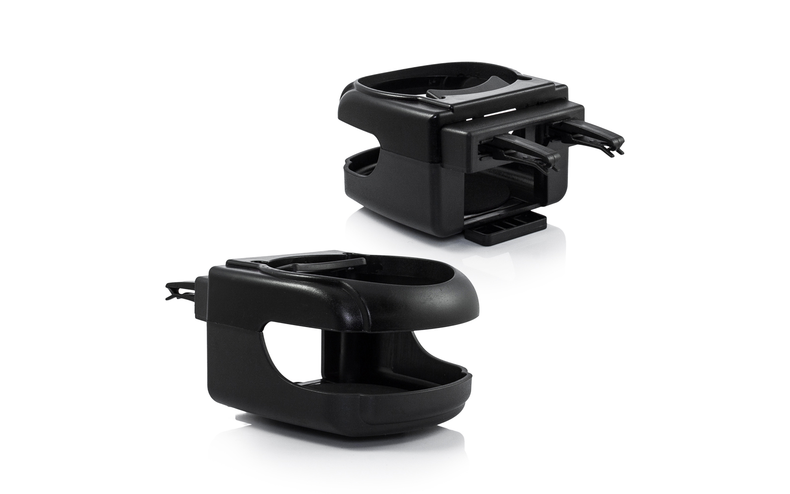 Suporte de bebidas Universal para automóvel Dois suportes plásticos pretos funcionais isolados em fundo branco.