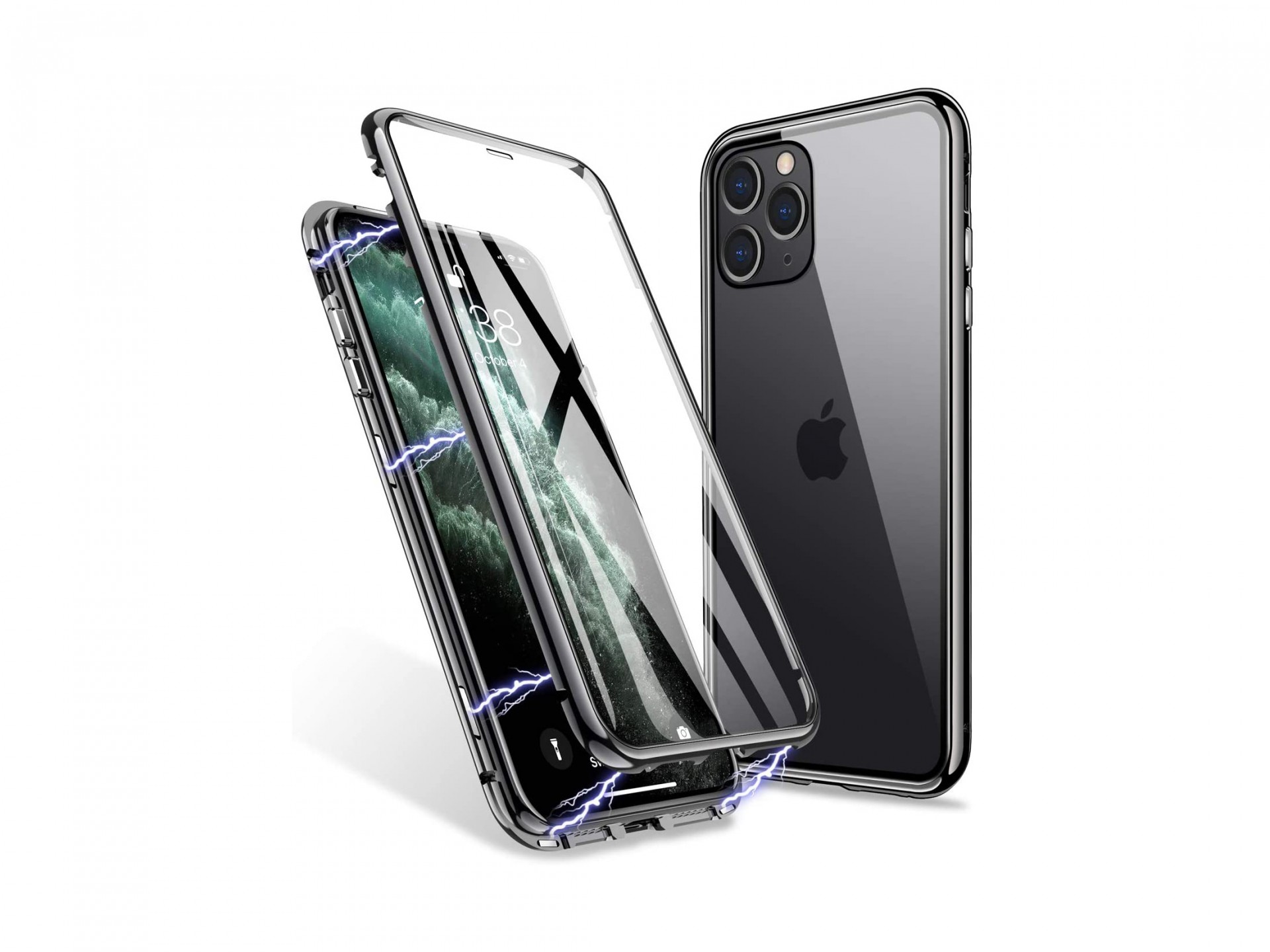 Capa Magnética 360º Wozinsky Premium para iPhone 11 Pro Max dois smartphones pretos com uma capa transparente e efeitos elétricos nas bordas