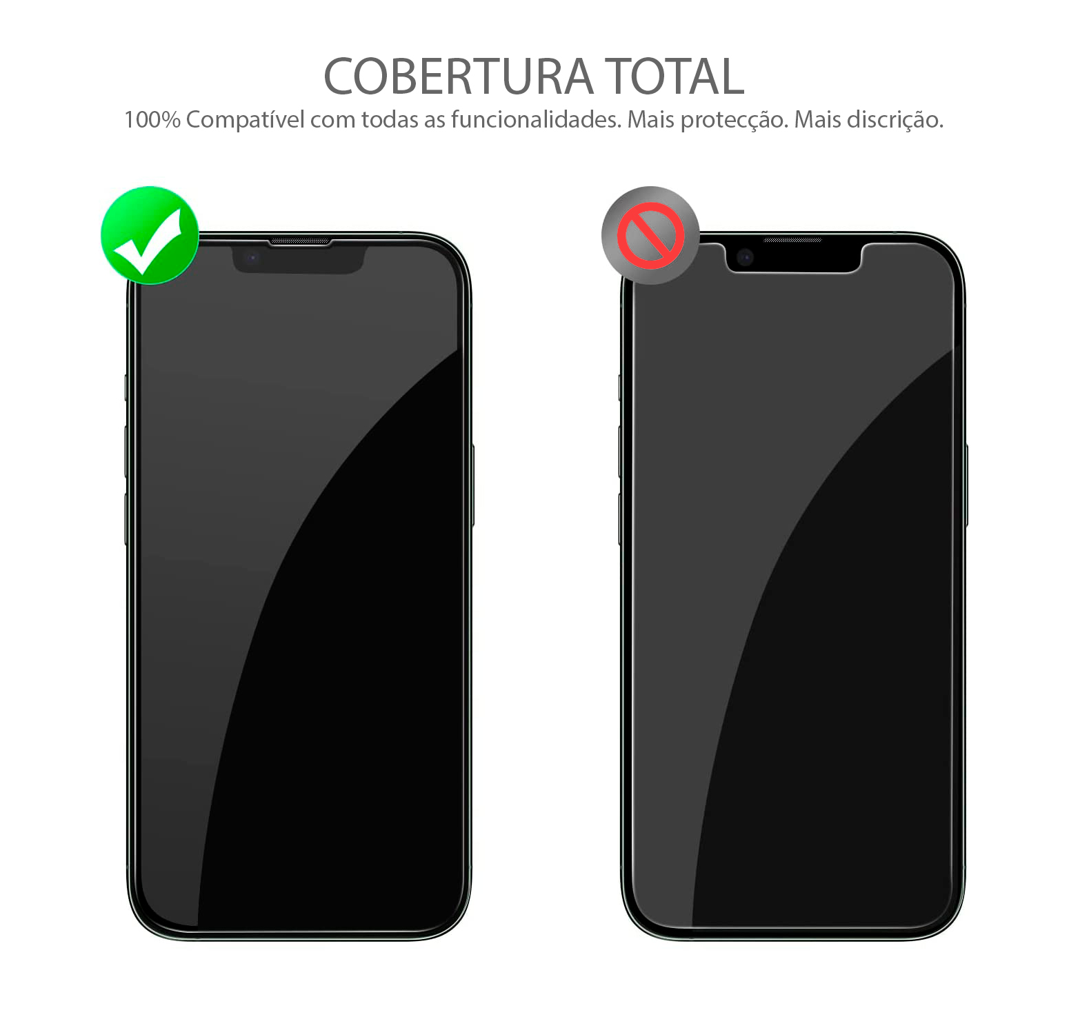 (Pack 2) Películas de Protecção 3D Full-Glue em Vidro Temperado Wozinsky para iPhone 14 Plus/13 Pro Max Dois smartphones pretos lado a lado, um com proteção total no ecrã marcado com um visto verde e outro com ecrã parcialmente descoberto marcado com um símbolo de proibido vermelho