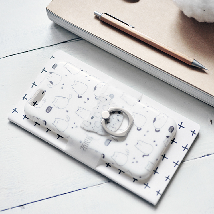 iPhone 7/8 Plus Capa Maoxin Meow (Capa + Ring Holder + Notebook + Estojo) Capa para smartphone branca com desenhos de gatos e argola metálica sobre caderno e bloco de notas