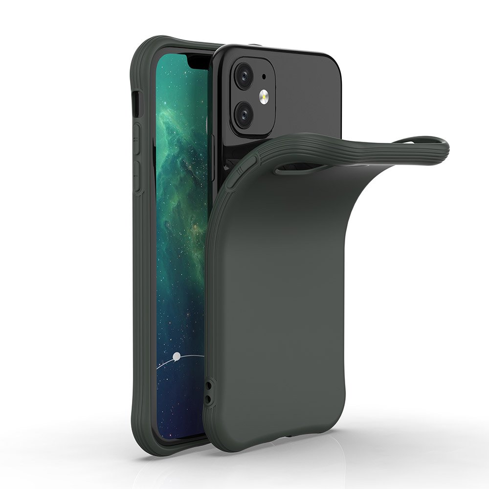 Smartphone preto com capa protetora de silicone verde escuro flexível
