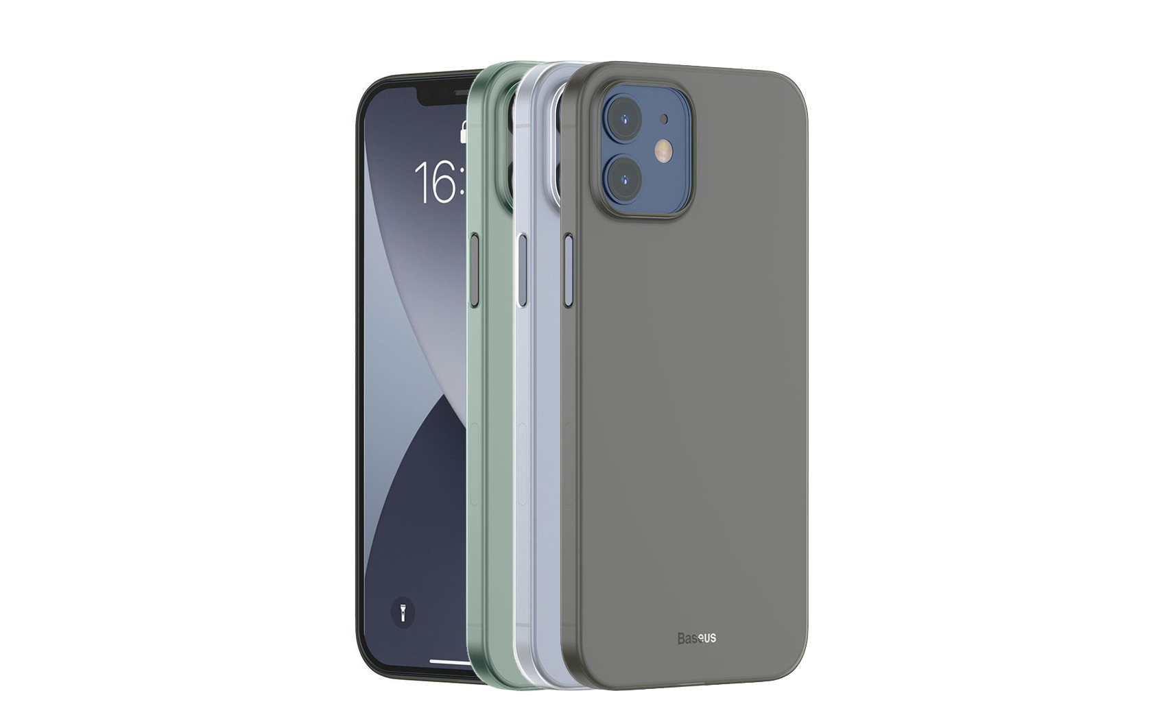 Capa Ultra Slim Wing para iPhone 12/12 Pro Três smartphones com capas protetoras de silicone em azul, verde e cinza, mostrando a parte frontal e traseira