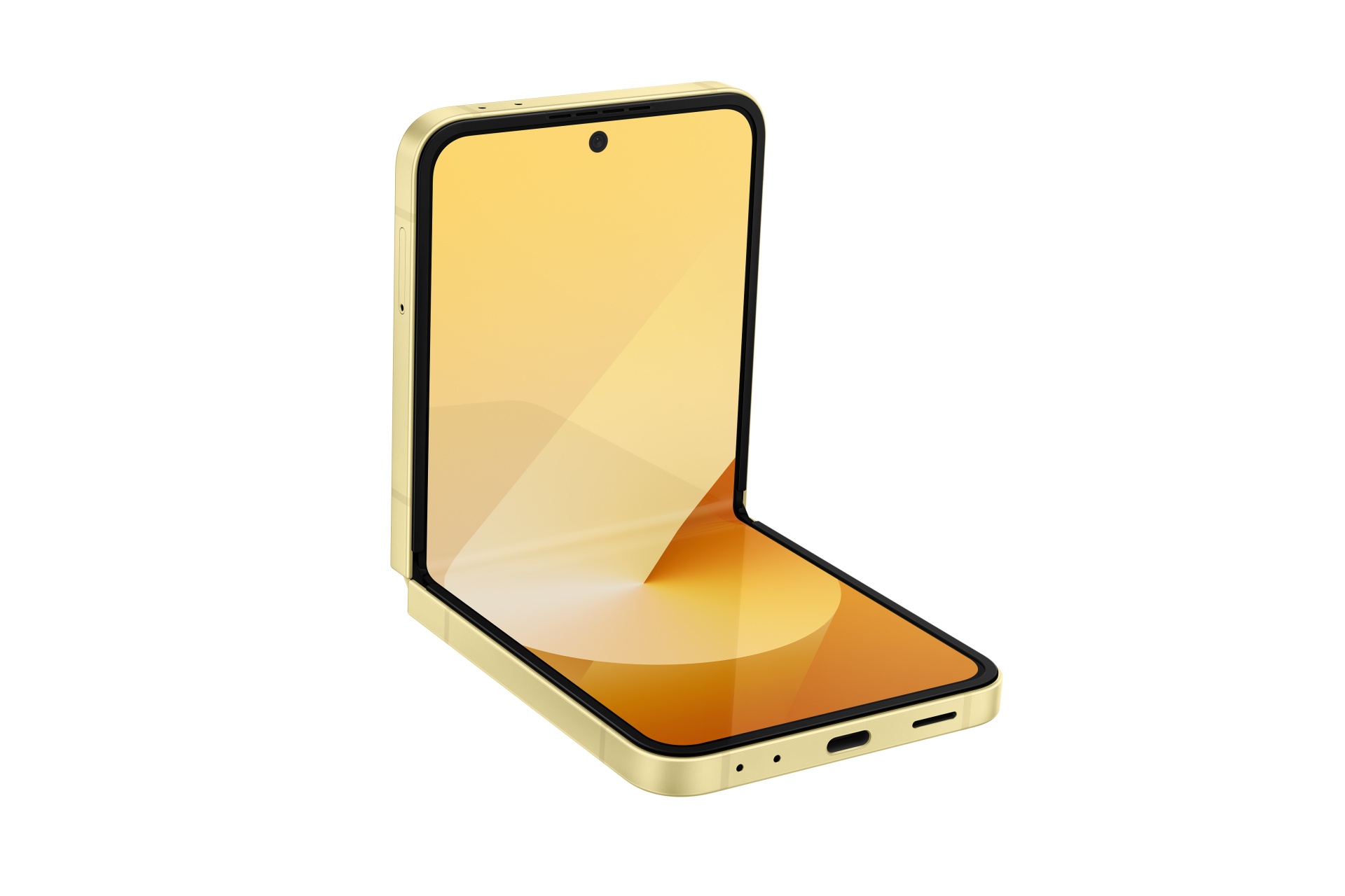 Samsung Galaxy Z Flip 6 Yellow - 12GB/256GB (de Ocasião - CRN) Smartphone dobrável dourado com ecrã tátil aberto a 90 graus