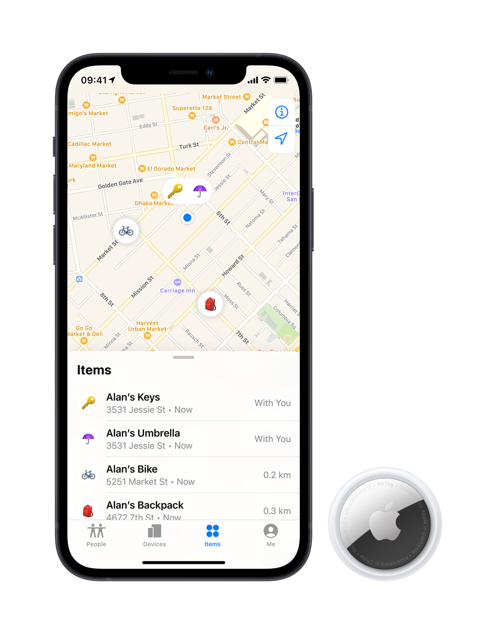 Apple AirTag (Pack 4 Unidades) Smartphone preto com aplicação de localização a mostrar mapa e itens listados no ecrã.