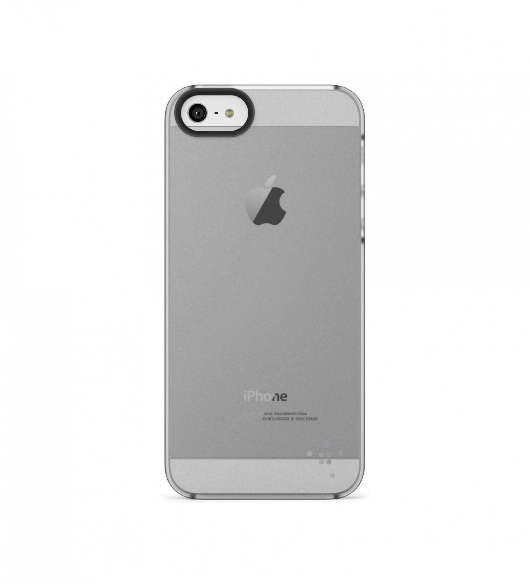 iPhone 5/5S/5SE Capa Rígida Belkin Transparente iPhone cinza com capa transparente mostrando logo Apple e texto iPhone