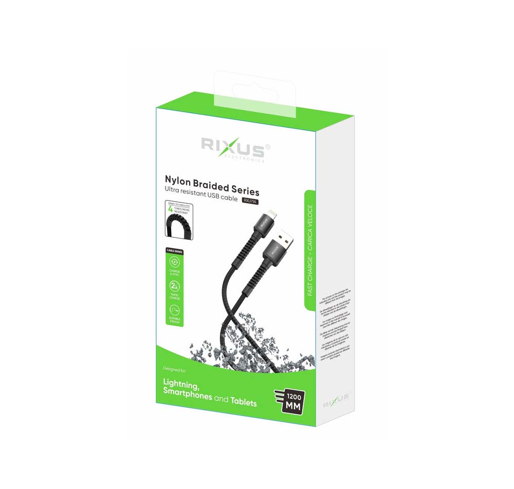 Cabo Nylon Trançado Rixus USB para Lightning (1,2m) Caixa de cabo USB RIXUS Nylon Braided Series preto e verde