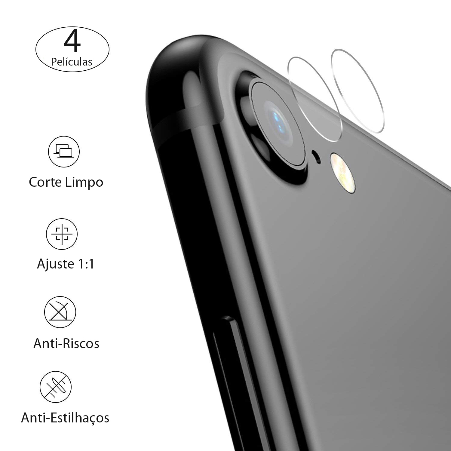 (Pack 4) Películas de Protecção de Câmara Traseira 3mk FlexibleGlass para iPhone SE/8/7 Telemóvel preto com quatro películas de proteção transparentes para câmera e texto explicativo ao lado