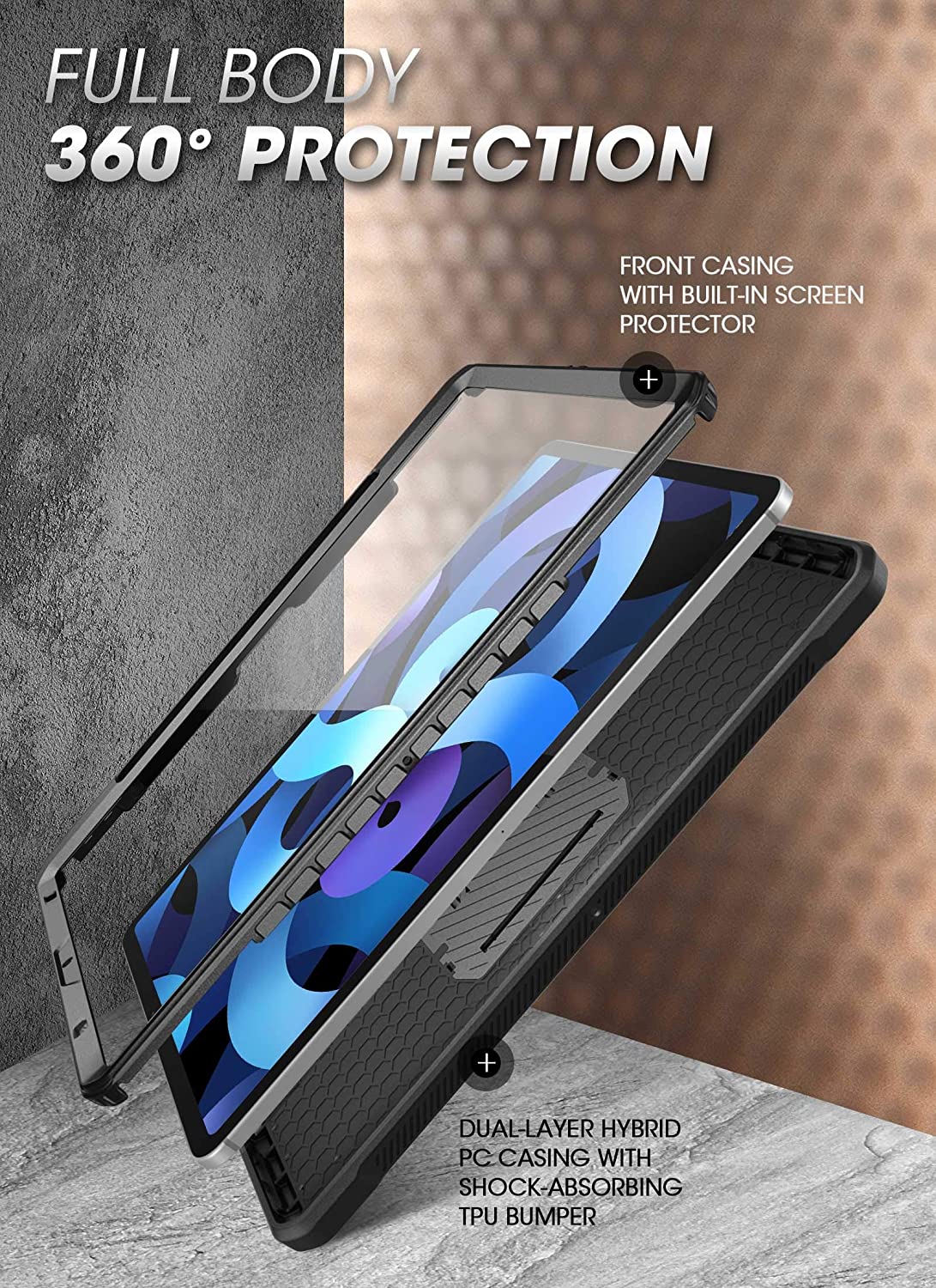 Capa Anti-Shock 360º Supcase Unicorn Beetle Pro para iPad 10.9'' Estojo preto para tablet com proteção total e protetor de ecrã incorporado