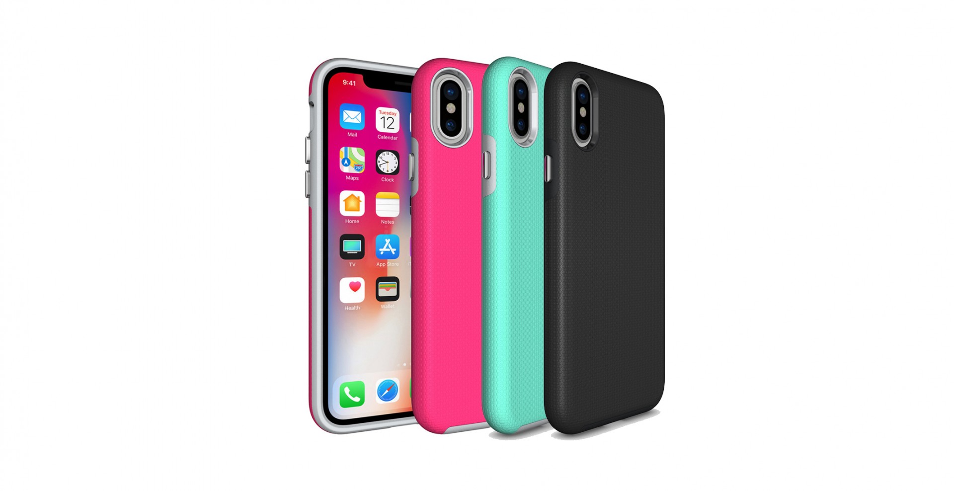 iPhone X/XS Capa Anti-Shock Armor Rugged Capas de telemóvel de silicone rosa, verde-água e preto ao lado de smartphone com ecrã colorido visível