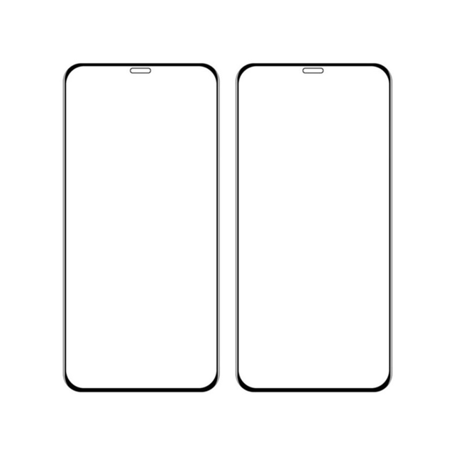 Película de Protecção 5D Full-Glue em Vidro Temperado Wozinsky para iPhone 11 Pro/XS/X Dois smartphones pretos lado a lado com ecrãs brancos e bordas finas