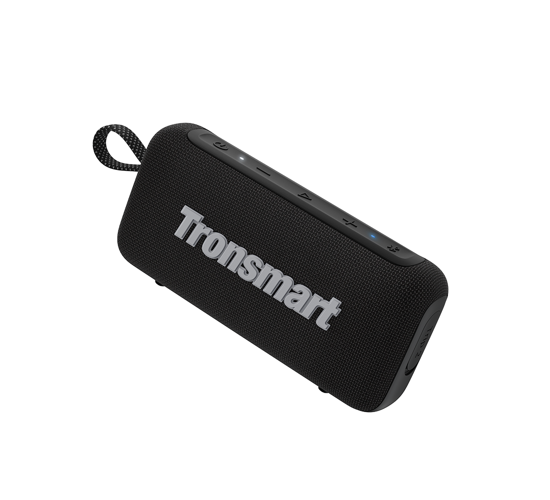 Coluna portátil Bluetooth preta com tecido e botões na parte superior