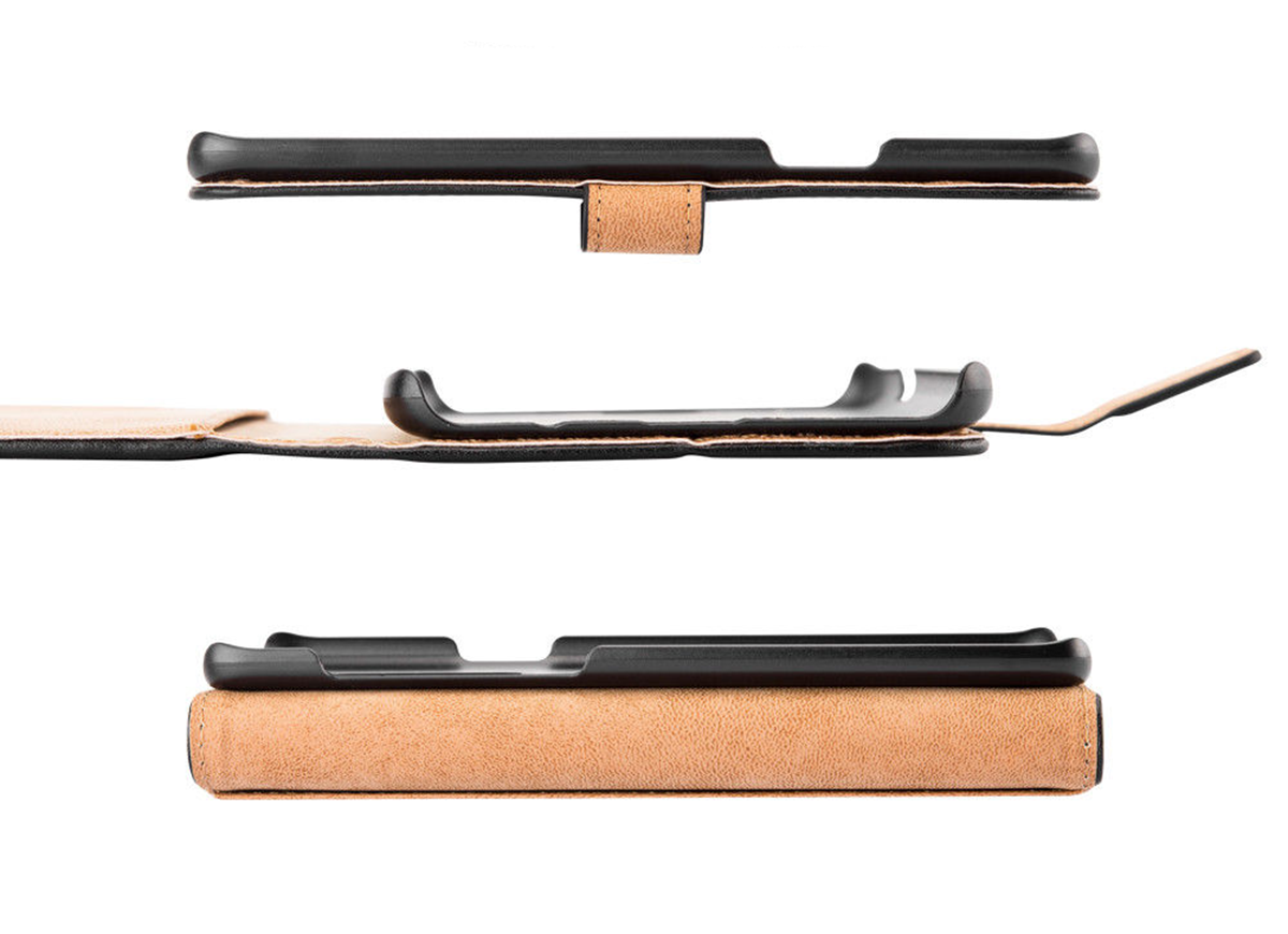 Capa Carteira Flip em Pele Genuína para iPhone SE/8/7 Capa protetora para smartphone em pele castanha e estrutura preta vista de três ângulos