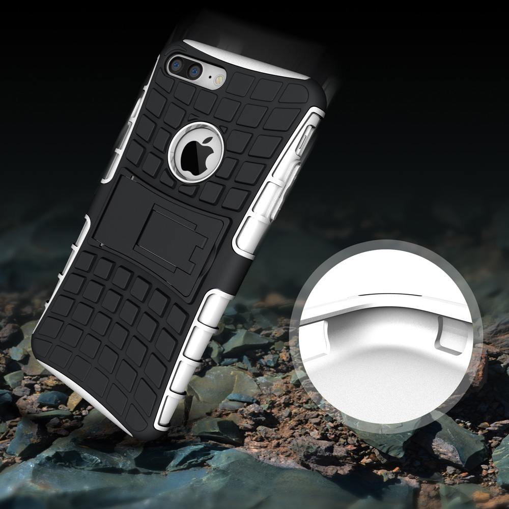 iPhone 7/8 Plus Capa Híbrida Stand Anti-Shock Capa preta e branca para telemóvel com suporte, textura quadrada e recorte para logotipo Apple.