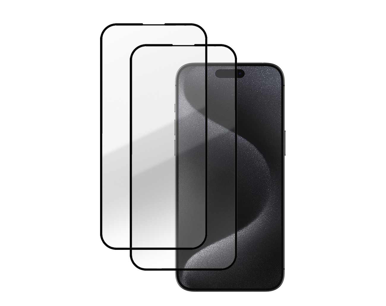 (Pack 2) Películas Full Glue APK em Vidro Temperado para iPhone 15 Pro Dois protetores de ecrã para smartphone com moldura preta são mostrados sobre um telemóvel preto com padrão cinzento no ecrã.