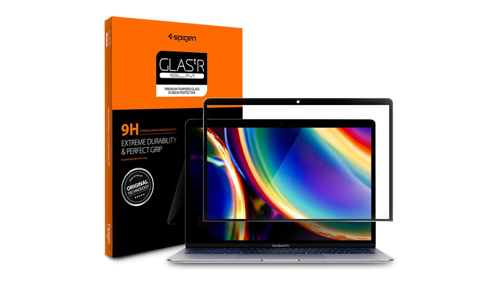 Película de Vidro Temperado Spigen Glass Full Coverage para MacBook Air / Pro Protetor de ecrã Spigen GLAS.tR para portátil com embalagem laranja e preta