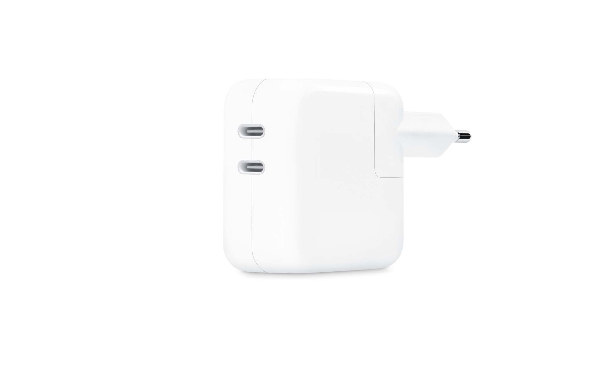 Carregador / Adaptador de corrente Apple USB-C porta dupla de 35W Carregador de parede branco com dois conectores USB-C.