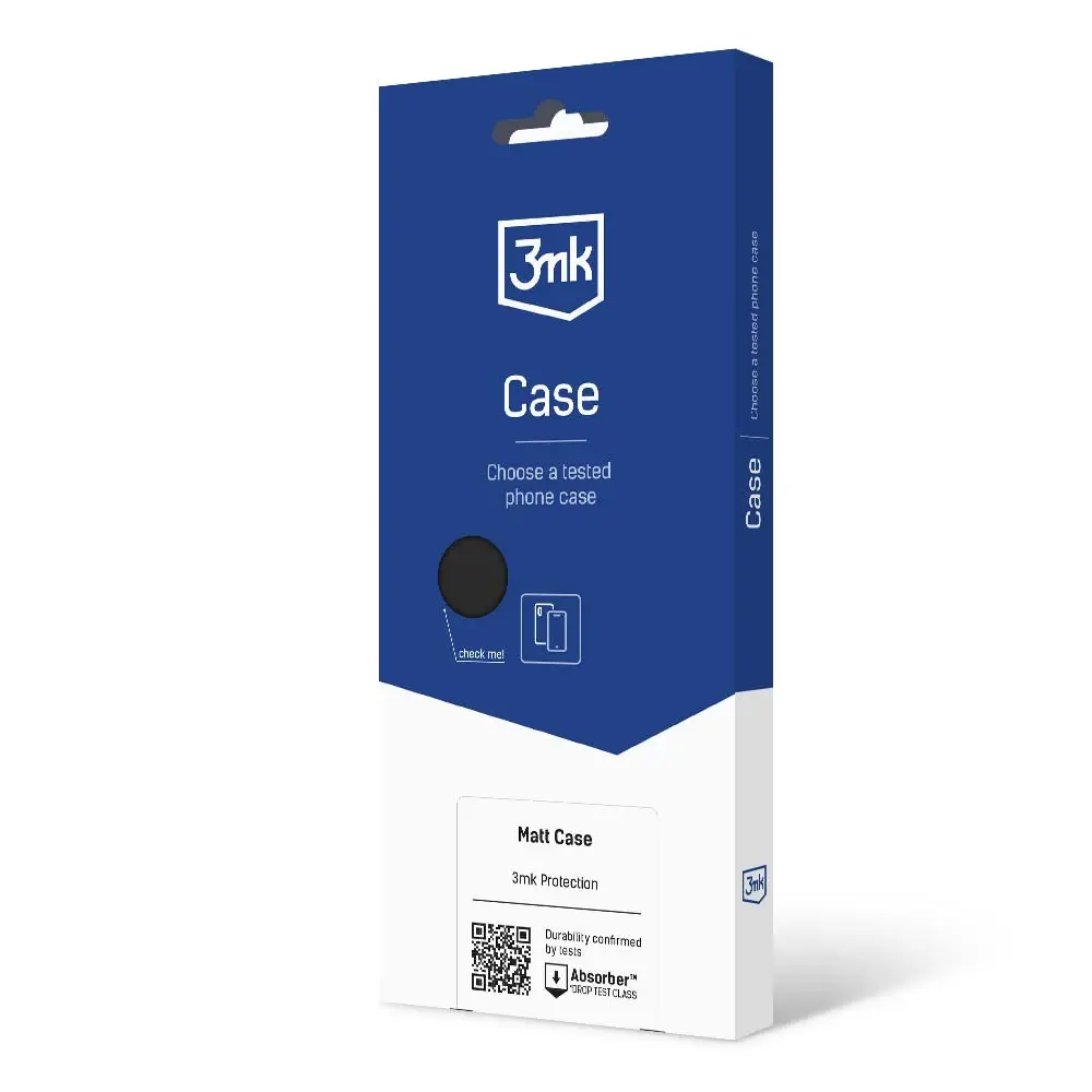 Capa Silicone 3mk Matt Case para iPhone 14 Pro Max Embalagem azul e branca de capa para telemóvel 3mk com texto e código QR
