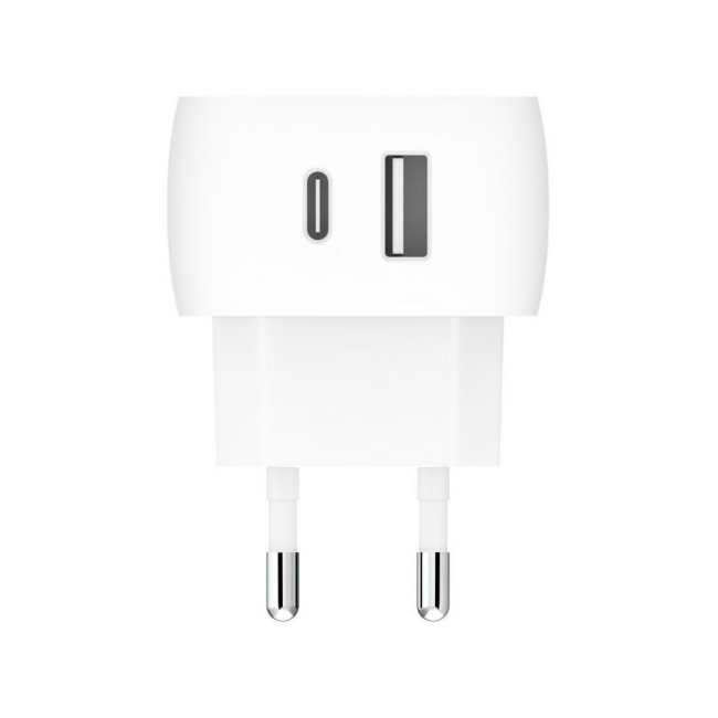Carregador / Adaptador de corrente Belkin Dual 30W (USB-C + USB) Carregador USB branco com ficha europeia de dois pinos