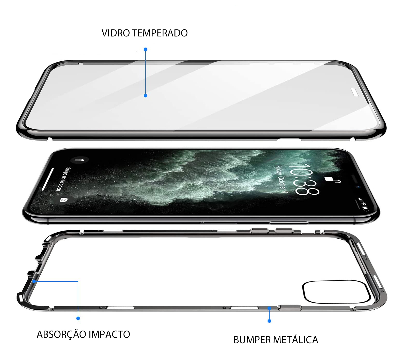 Capa Magnética 360º Wozinsky Premium para iPhone 11 Pro Max Componentes para smartphone: vidro temperado, smartphone ligado, capa com bumper metálica