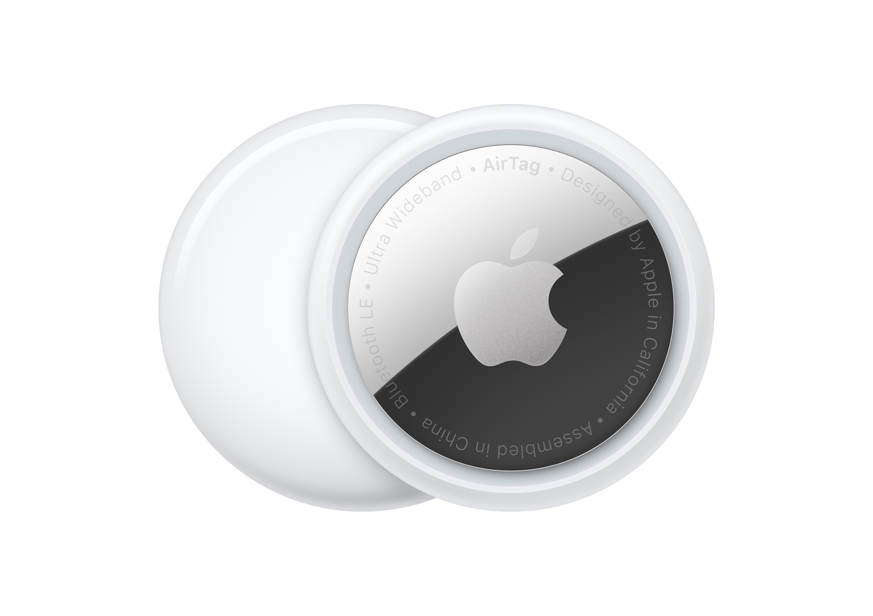 AirTag da Apple branco e prateado com logo da Apple