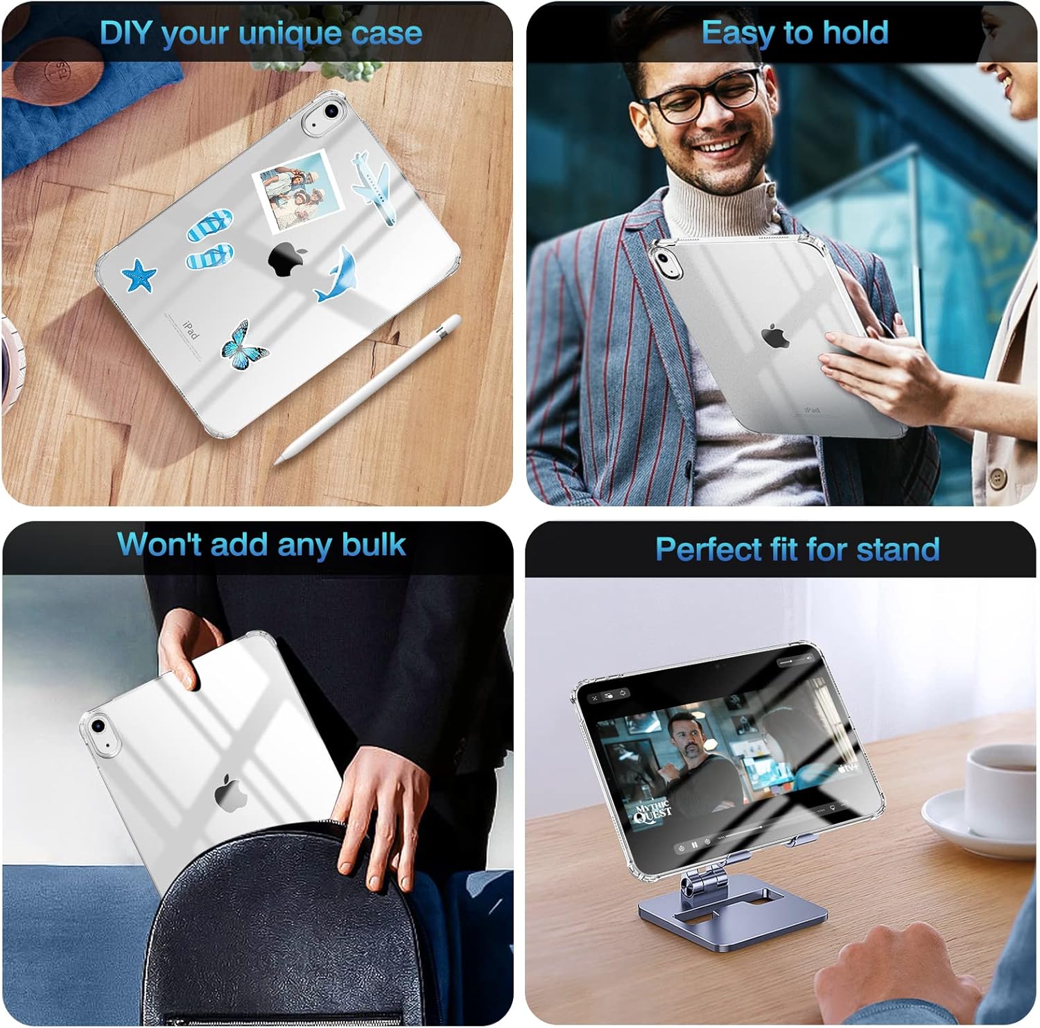 Capa Silicone Anti-Shock Transparente para iPad 10.9" Capa transparente para iPad com stickers decorativos e iPad em várias situações