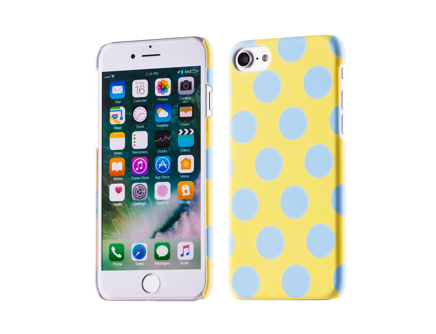Capa Aru Frosted Cutie Dots para iPhone iPhone com capa amarela de bolinhas azuis.