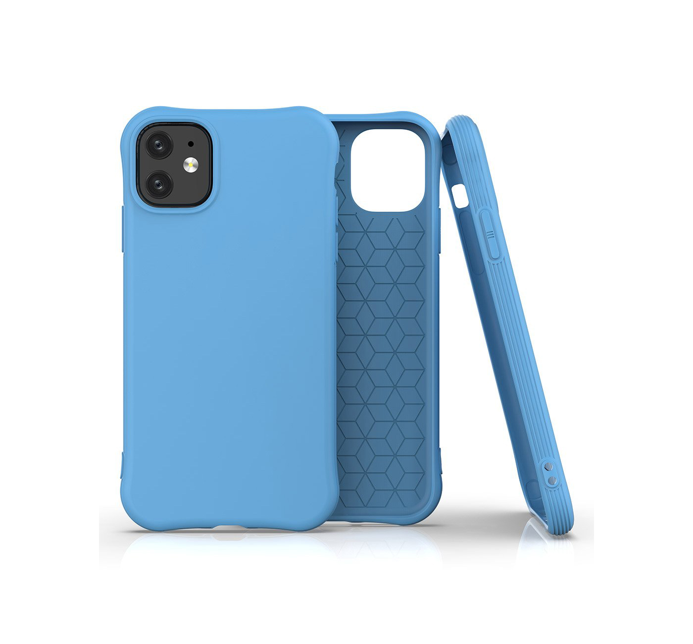 Capa protetora azul para smartphone vista de frente, interior e lateral.