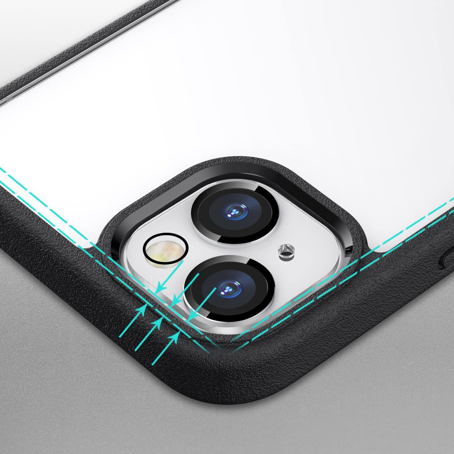 Película de Protecção de Câmara Traseira Joyroom Lens Protector para iPhone 14/14 Plus Capa protetora transparente com bordas pretas para smartphone com câmara dupla e flash visíveis.