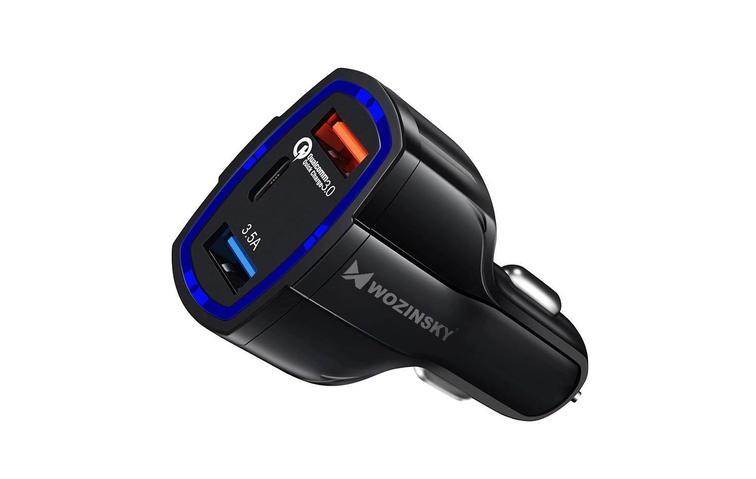 Carregador de isqueiro Wozinsky 2x USB + 1x USB-C QC3.0 Carregador de carro preto com detalhes azuis e duas portas USB coloridas.
