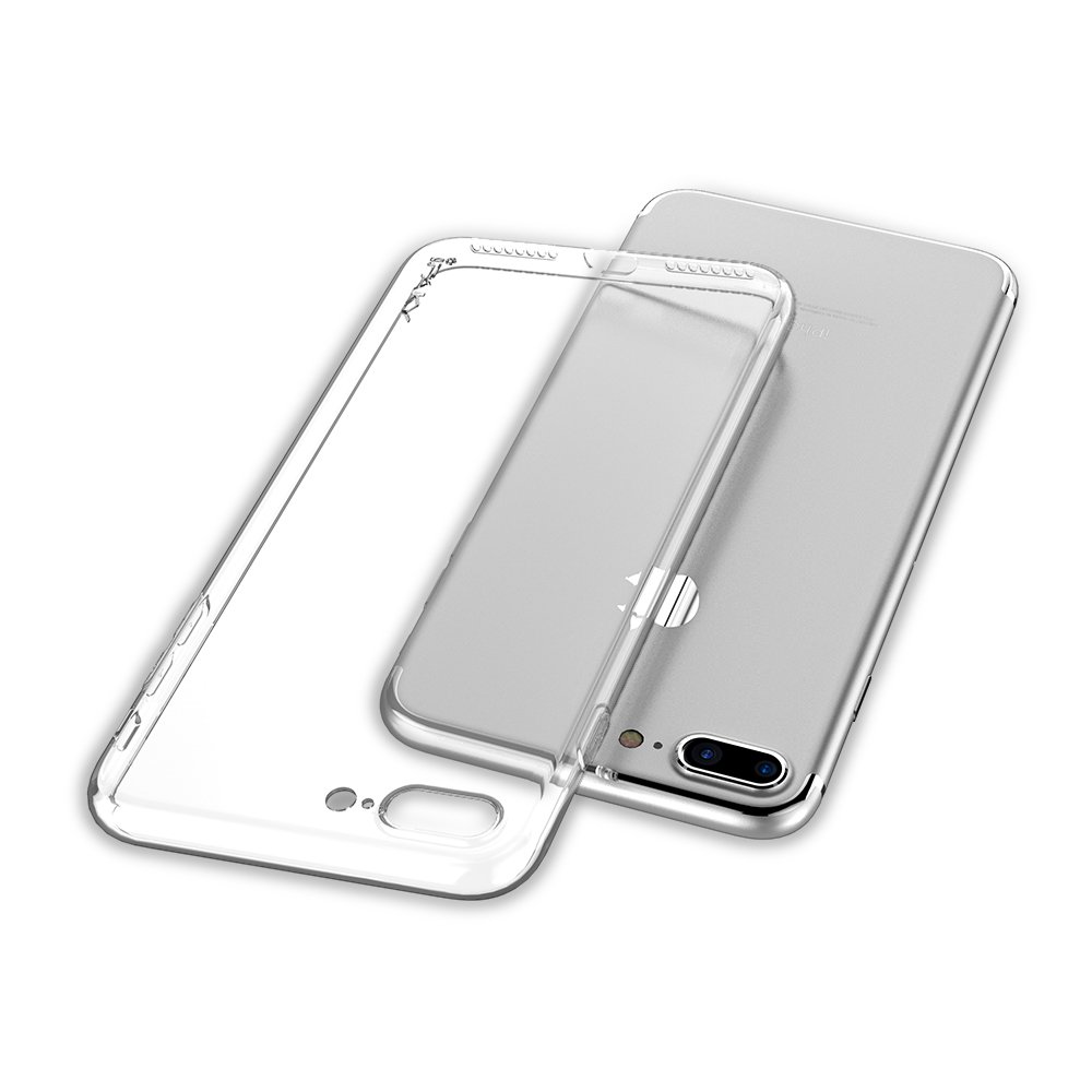 iPhone 7/8 Plus Capa Silicone iPaky Effort + Vidro Temperado Capa transparente para telemóvel ao lado de telemóvel prateado
