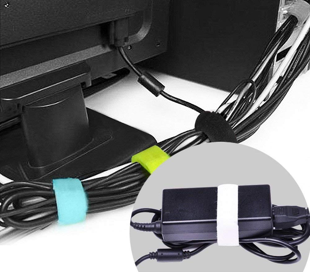 Fitas para organização de cabos Organizadores de cabos em velcro coloridos segurando cabos elétricos pretos