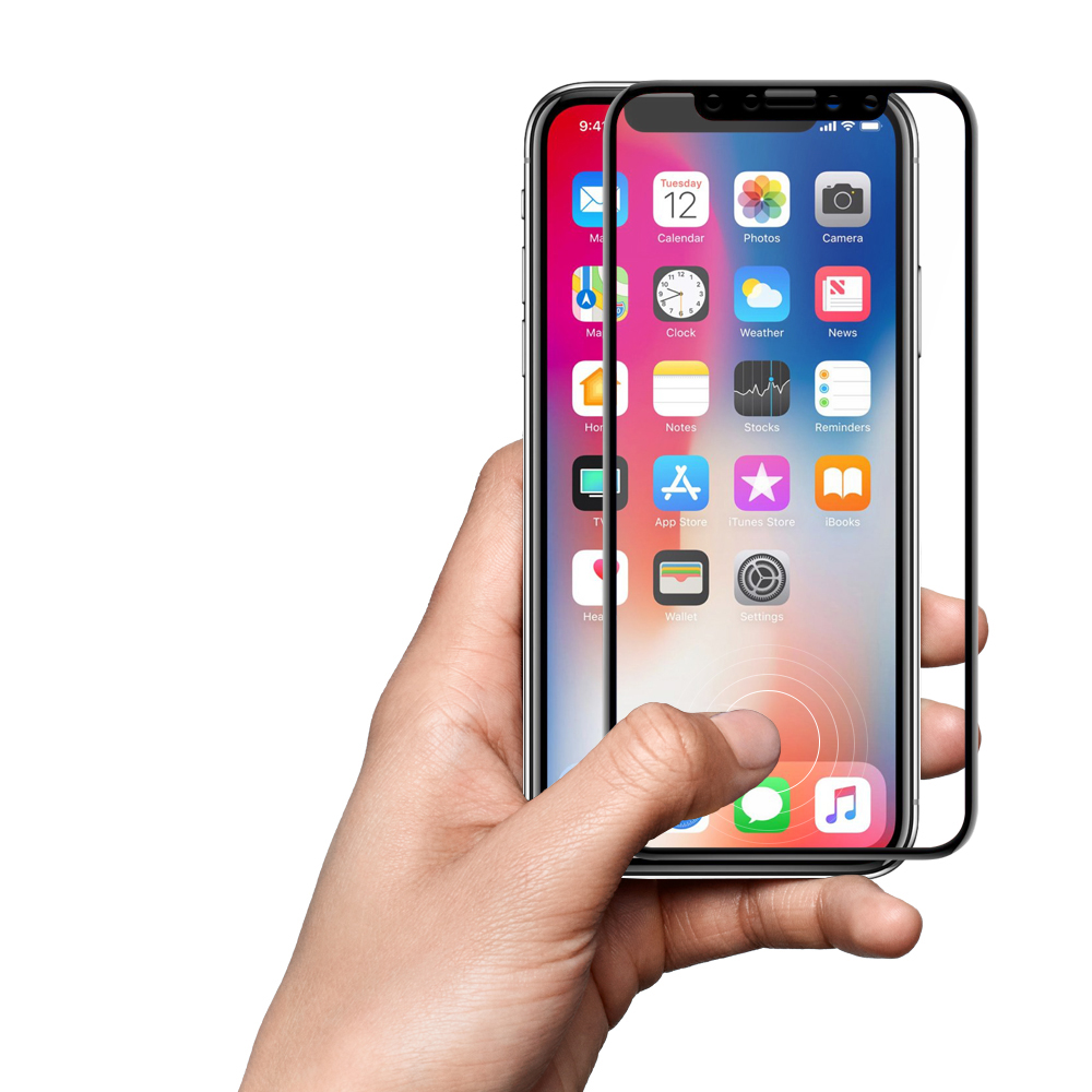 iPhone X/XS Capa Crystal Silicone 100% Clear + Vidro Temperado 3D Smartphone segurado numa mão com vidro protetor transparente à frente do ecrã