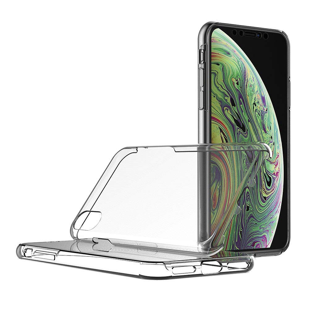 iPhone X/XS Capa 360º Silicone Transparente Capa protetora transparente para smartphone junto a telemóvel com ecrã colorido.