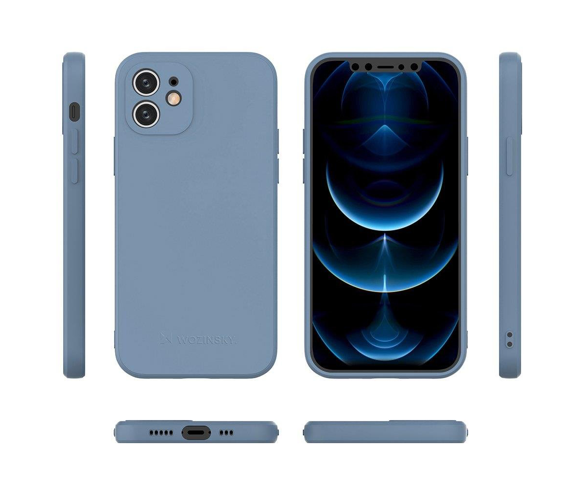 Telemóvel azul claro com capa, várias vistas mostrando ecrã e botões