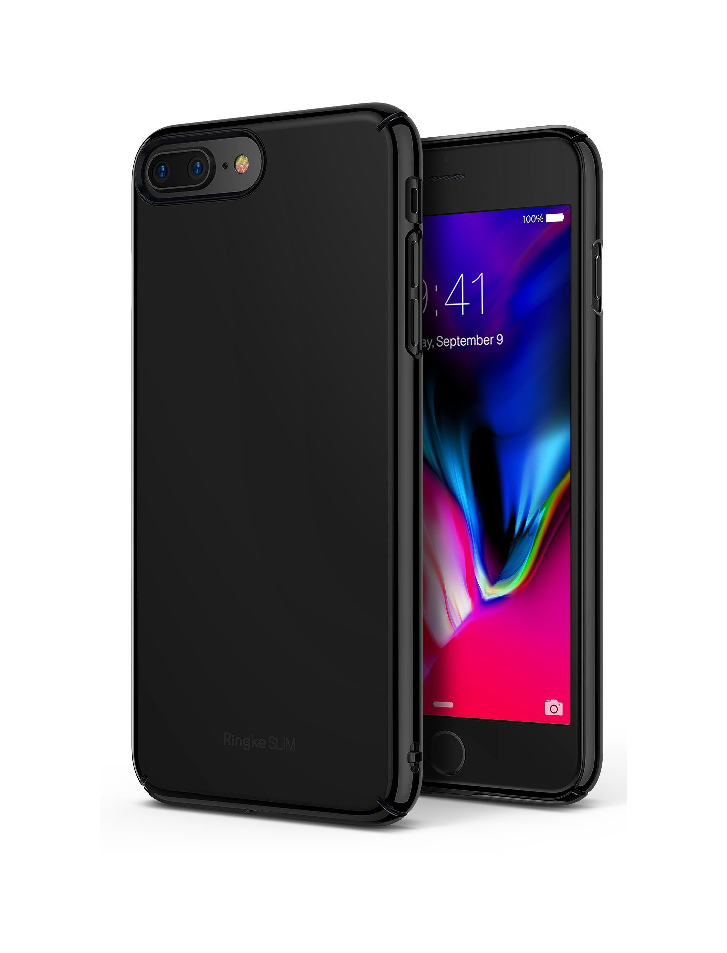 iPhone 7/8 Plus Capa Rígida Ultra-Fina Ringke Slim Smartphone com capa preta fosca e ecrã colorido a mostrar data