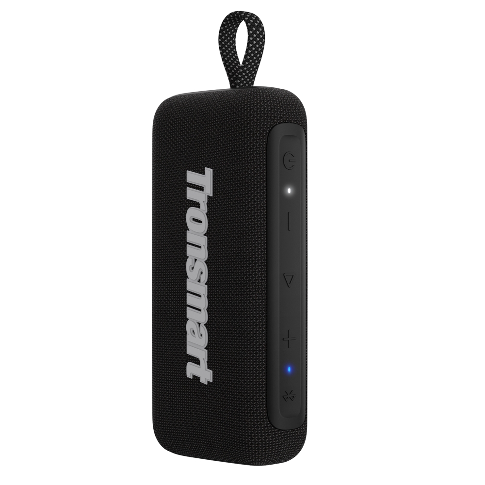 Coluna portátil Bluetooth preta com botões laterais e marca Thomsom