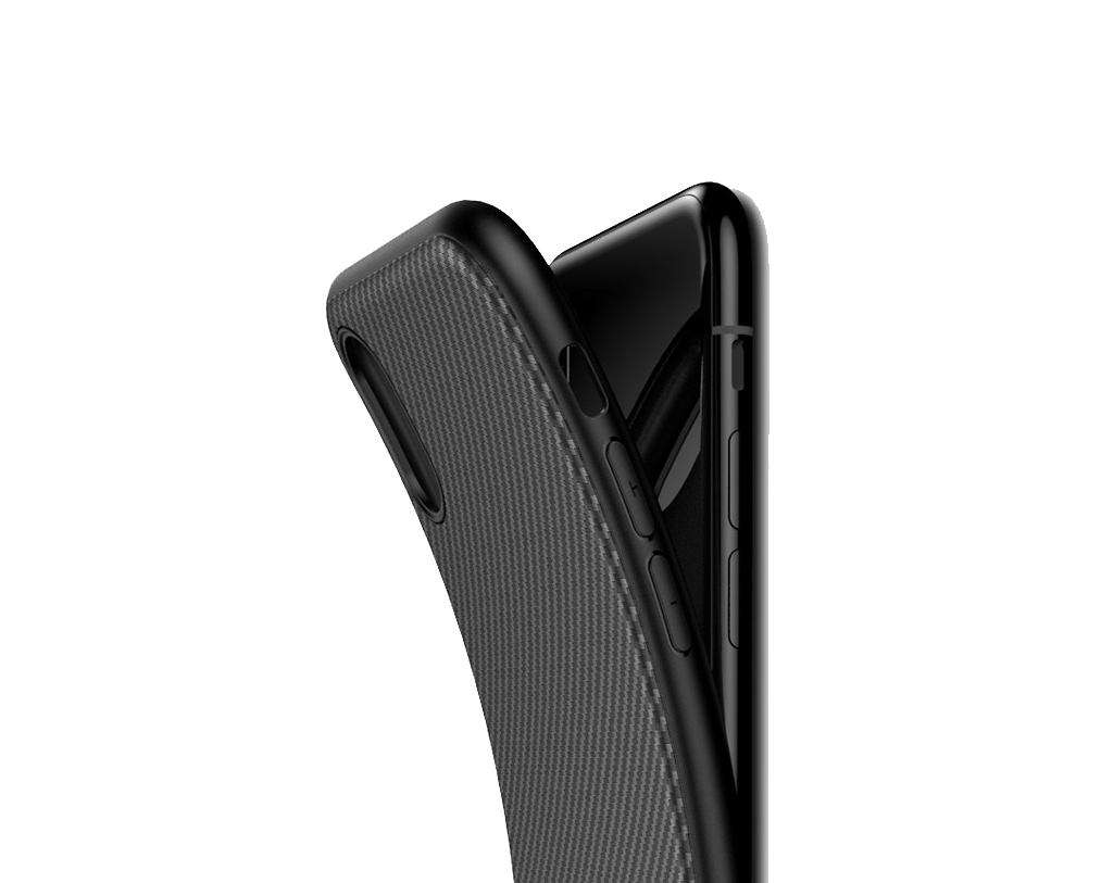 iPhone X/XS Capa Carbono iPaky Capa preta com textura a ser colocada num telemóvel preto