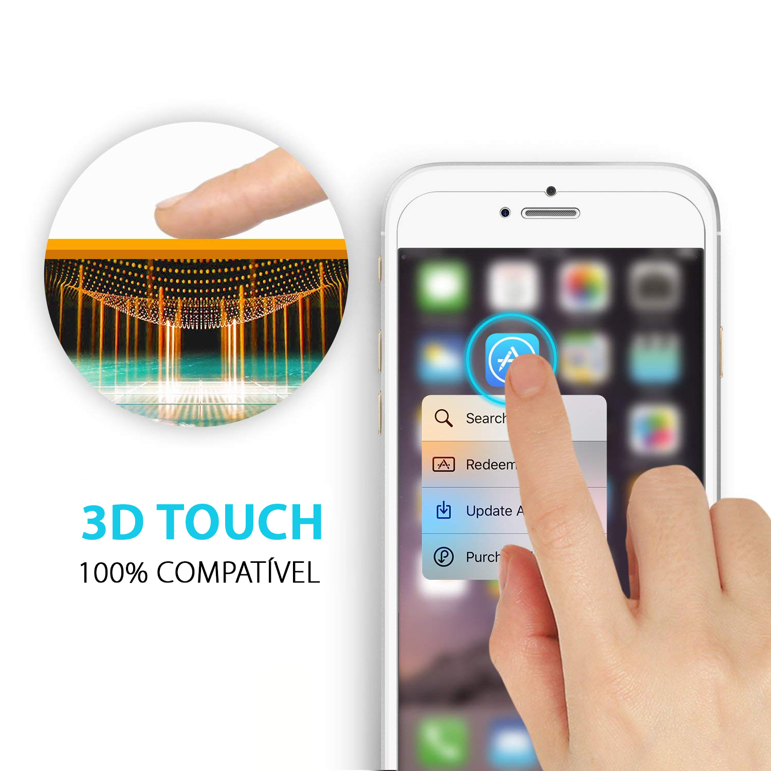 Películas de Protecção de Ecrã em Vidro Temperado HD para iPhone 8/7/6 Plus Smartphone branco com ecrã colorido e mão a usar 3D Touch na App Store