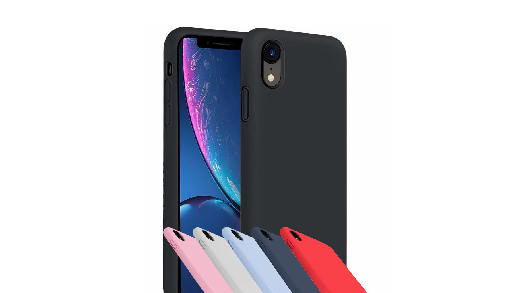 iPhone XR Capa Silicone Rígido Premium Rubberized OEM Smartphone com capa preta e várias capas coloridas em silicone sobre fundo branco